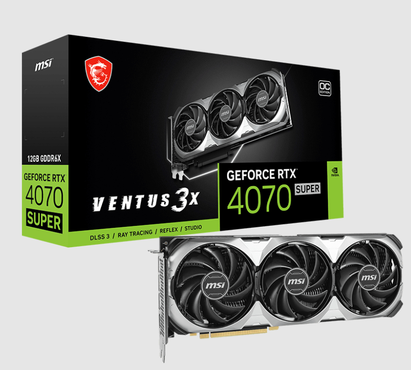  nVIDIA GeForce RTX 4070 SUPER 12G VENTUS 3X OC<br>Boost Mode: 2505 MHz, 1x HDMI/ 3x DP, Max Resolution: 7680 x 4320, 1x 16-Pin Connector, Recommended: 650W  